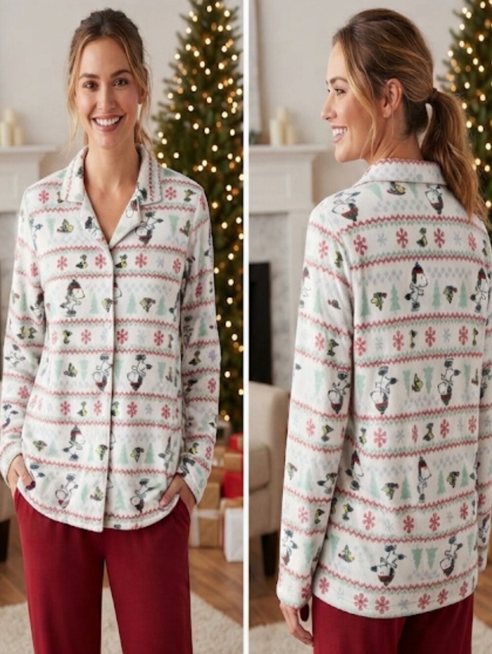 Peanuts Snoopy Xmas Fleece Pajama Top Size Large Holiday Fair Isle Green Red